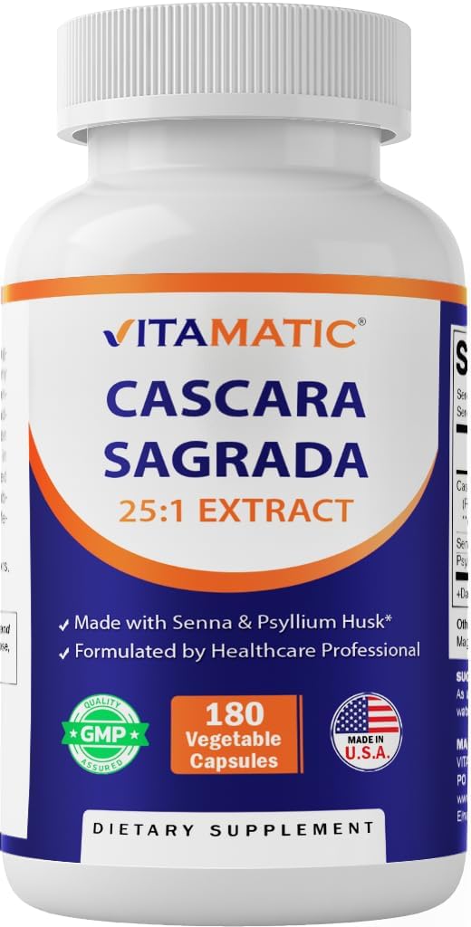 Vitamatic Cascara Sagrada Made with Senna & Psyllium Husk - 180 κάψουλες Veg - Συμπυκνωμένη ισχύς 25X - Όλα φυσικά - μη ΓΤΟ