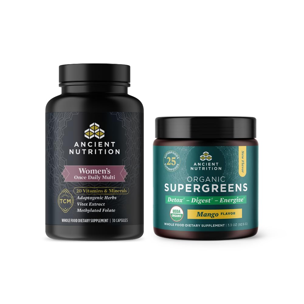 Ancient Nutrition Multivitamin for Women, Once Daily, 30 Count + Organic Supergreens Powder, Mango, 12 Servings