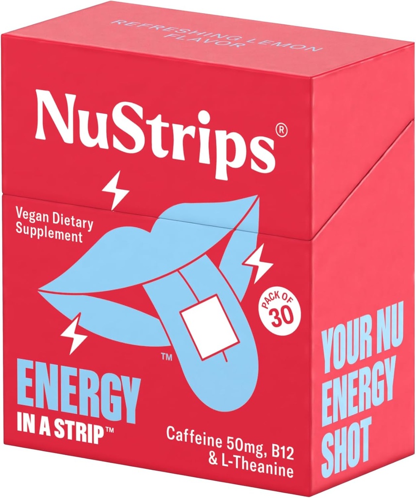 NuStrips™ Fast-Dissolving Energy Strips with 50mg Caffeine, L-Theanine & Vitamin B12 – Instant Energy & Focus Without Jitters or Crash – Works Faster Than Coffee – Refreshing Lemon – 30 Strips