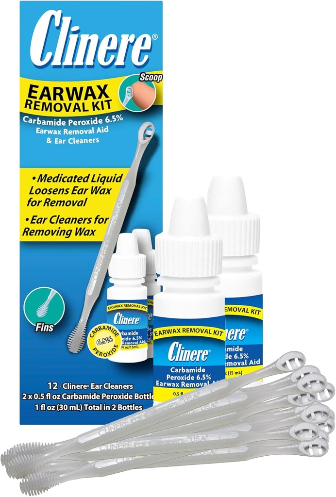 Clinere Earwax σετ αφαίρεσης, ασφαλή και απαλά καθαρό κερί αυτί, Itch Relief, Λειτουργεί άμεσα .5oz Καρβαμίδη υπεροξείδιο, 2 x .5 Fl Oz με 12 ραβδιά