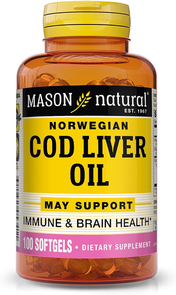 MASON NATURAL Cod Liver Oil Plus Βιταμίνη A & D3 - Υγιής λειτουργία της καρδιάς και του εγκεφάλου, βελτιωμένη ασυλία, υποστηρίζει τη συνολική υγεία, 100 Softgels