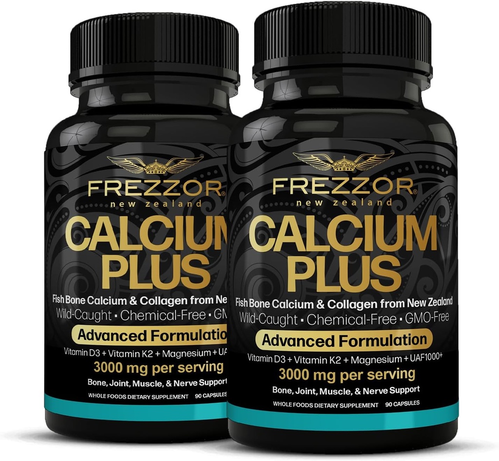 FREZZOR Calcium Plus with UAF1000+ Super Antioxidant for Bones Health & Bone Density, Supports Healthy Body Weight, Optimal Ratio of Essential Bone Building Minerals, NZ Made, 180 caps, 2 Month Supply