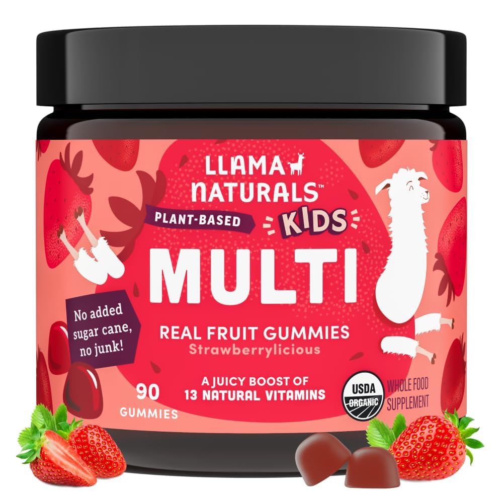 Llama Naturals Kids Multivitamin Gummies | Real Fruit, No Added Sugar Cane | Organic Vegan Toddler Whole Food Vitamins | Vitamin D, C & Beta Carotene Gummy Supplement | Strawberry 90 Ct (1-2 Months)