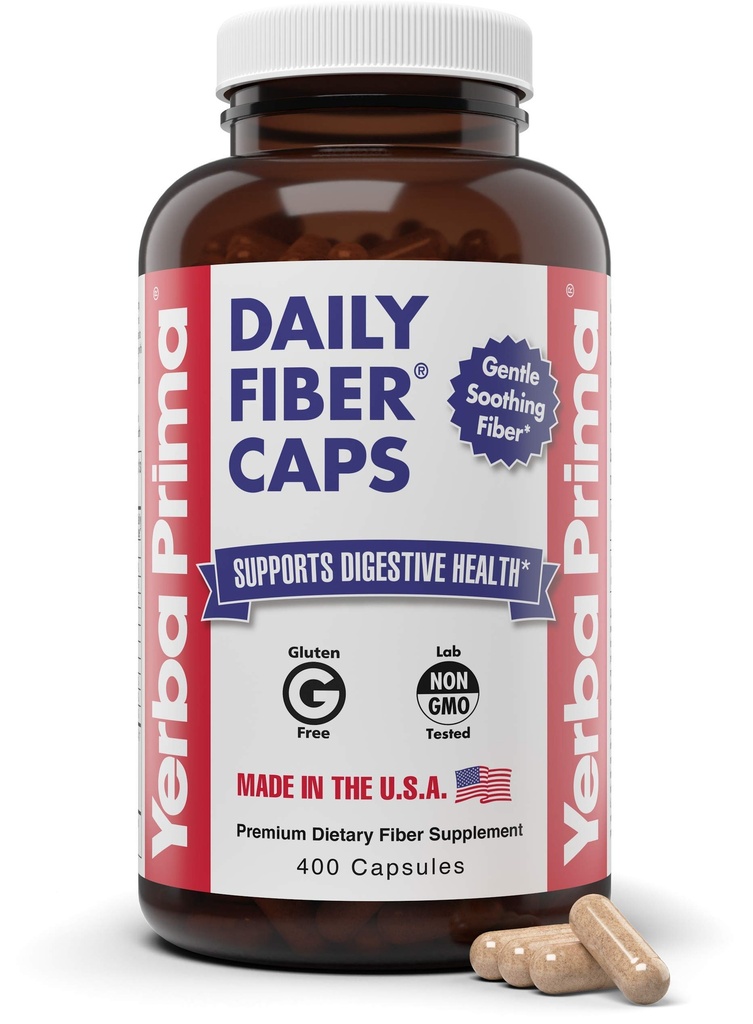 Yerba Prima Daily Fiber Caps Formula, 400 Caps - Διαλυτά και αδιάλυτα - με το Psyllium Seed Husks, Acacia Gum, Apple Fiber και More - Συμπλήρωμα διατροφής