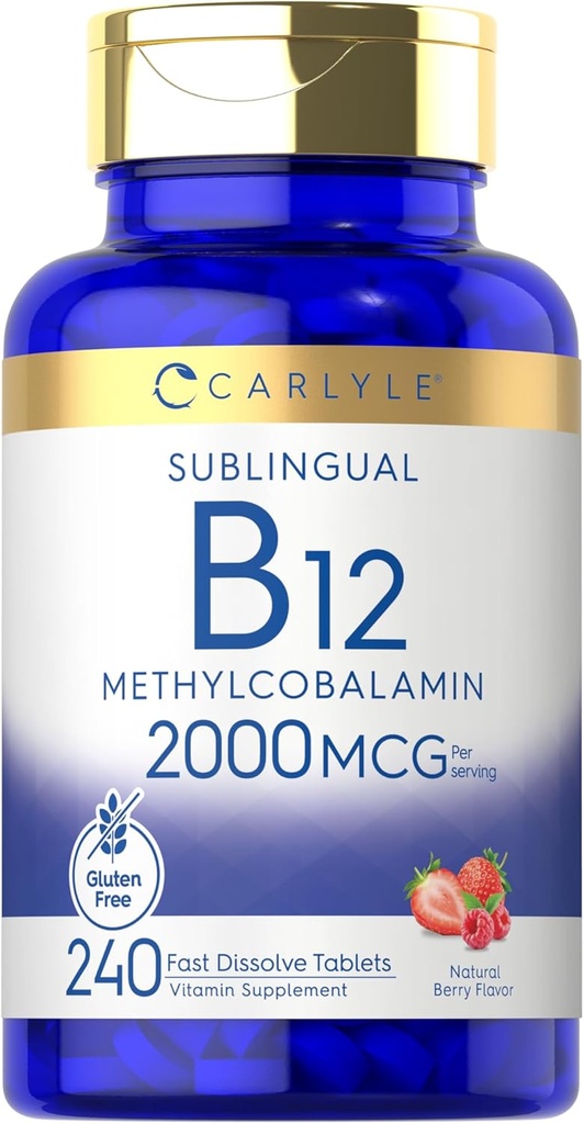 Carlyle B12 Vitamin 2000 mcg | 240 Fast Dissolve Tablets | Sublingual Methylcobalamin | Berry Flavor | Vegetarian, Non-GMO & Gluten Free Supplement