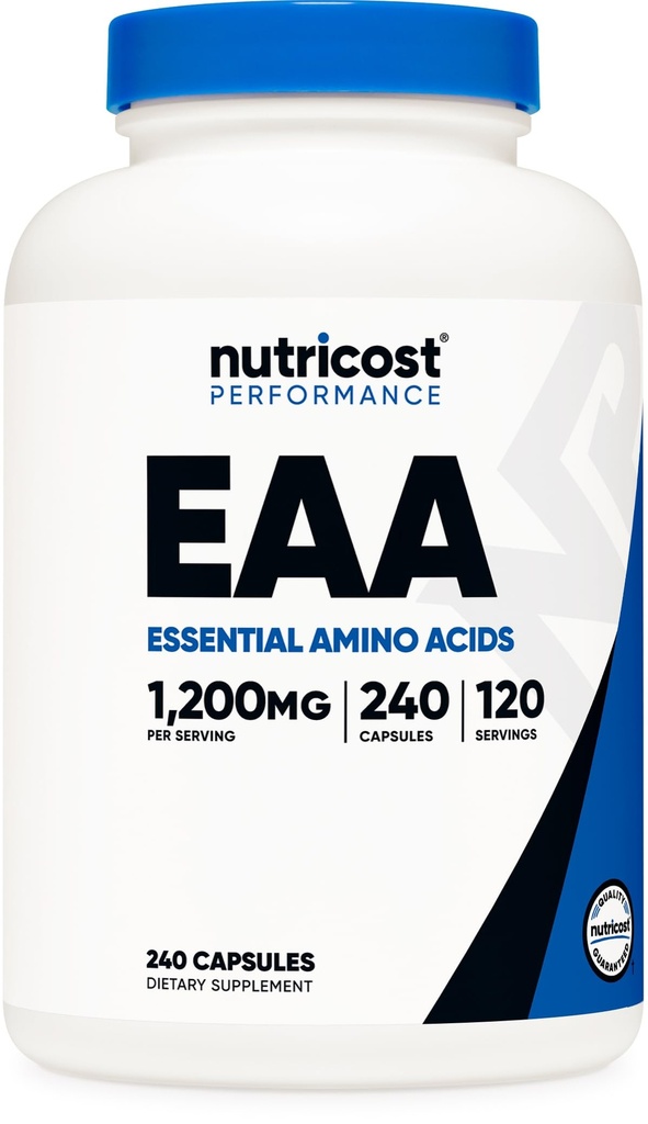 Nutricost EAA Κάψουλες 1200mg, 240 Κάψουλες - Απαραίτητα Αμινοξέα, 120 Μερίδες - Μη ΓΤΟ, Χωρίς Γλουτένη & Vegan