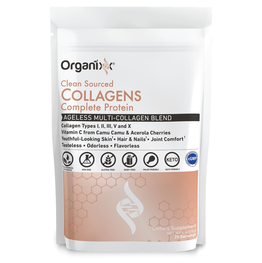 Organixx Collagen Peptides Σκόνη με βιταμίνη C, Τύποι I, II, III, V, X Hydrolyzed Collagen, Hair, Nail, Skin, Bone & Joint Health, Υποστήριξη γήρανσης, Καθαρή πηγή, Χωρίς γλουτένη, Χωρίς γεύση, 20 υπηρεσίες