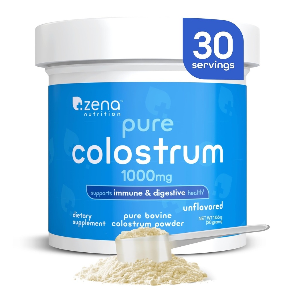 Zena Διατροφή Βοοειδή Colostrum συμπλήρωμα σκόνης, 1000mg Pure Colostrum, Υποστηρίζει ανοσοποιητική και επιληπτική υγεία, προωθεί την υγεία των ορνίθων, Keto, χωρίς γλουτένη, λίπος δωρεάν, χόρτο Fed, χωρίς γεύση, 30 υπηρεσίες