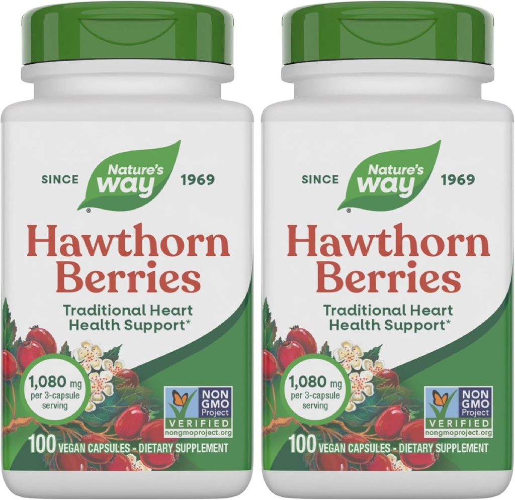 Nature's Way Herbal Hawthorn μούρα, Traditional Heart Health Support*, 100 Vegan Κάψουλες (Packing May Vary) (Pack of 2)