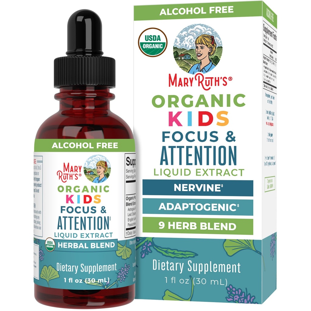 MaryRuth Organics Παιδικά συμπληρώματα εγκεφάλου για τη μνήμη και την εστίαση, USDA οργανικές σταγόνες με Ginkgo Biloba, Rhodiola Root & Licorice Root, Focus & Προσοχή, ηρεμία, Vegan, μη-GMO, Χωρίς γλουτένη, 30 εξυπηρετούν