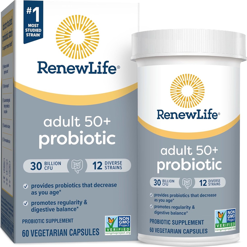 Renew Life Probiotic Adult 50 Plus Probiotic Κάψουλες, Ημερήσια Συμπληρώματα Υποστηρίζει Ουρία, Πειθαρχία και Ανοσολογική Υγεία, L. Rhamnosus GG, Γαλακτοκομικά, Σόγια και Χωρίς Γλουτένη, 30 Δισεκατομμύρια CFU, 60 Count