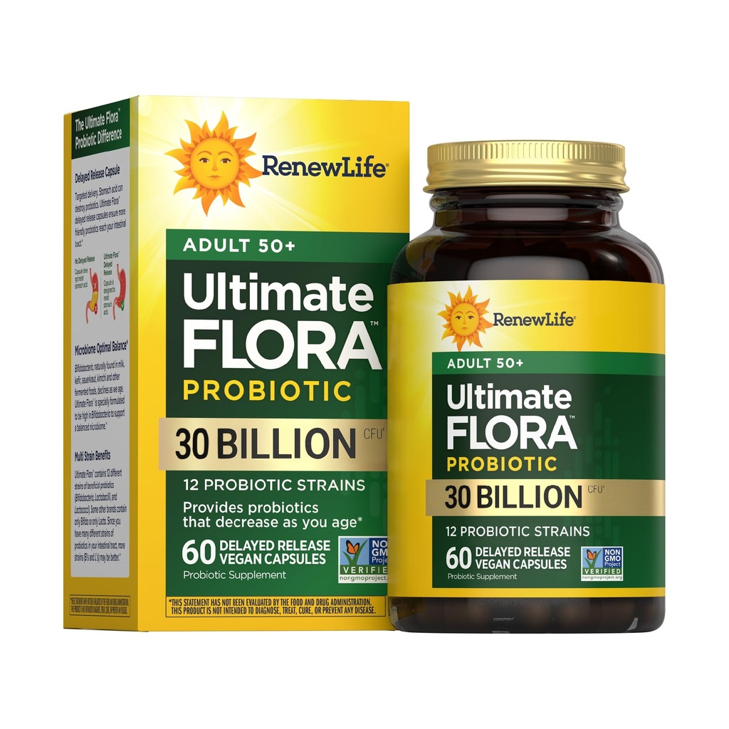 Renew Life Probiotic Adult 50 Plus Probiotic Κάψουλες, Ημερήσια Συμπληρώματα Υποστηρίζει Ουρία, Πειθαρχία και Ανοσολογική Υγεία, L. Rhamnosus GG, Γαλακτοκομικά, Σόγια και Χωρίς Γλουτένη, 30 Δισεκατομμύρια CFU, 60 Count