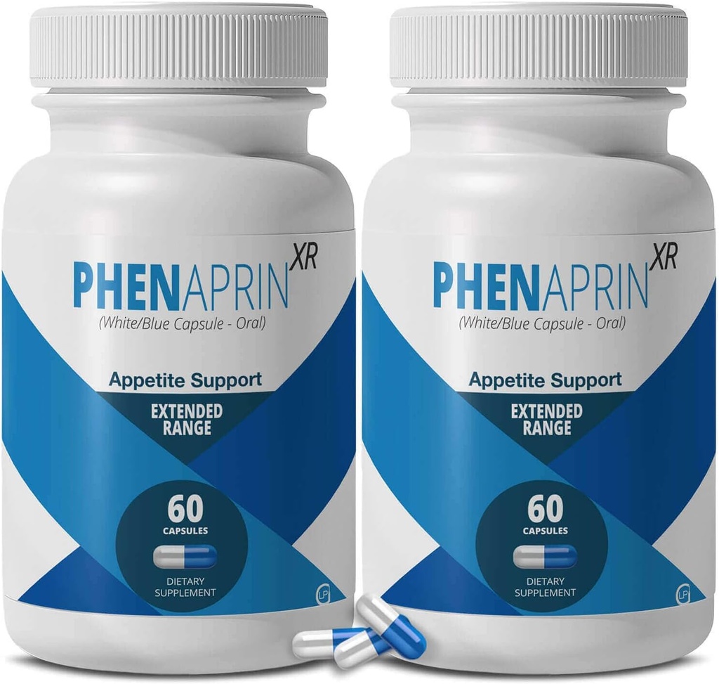 PhenAprin XR Maximum Strength Appetite Καταπιεστικά χάπια διατροφής - 2-πακέτο, ενίσχυση του μεταβολισμού, απώλεια βάρους για γυναίκες και άνδρες, 120 μπλε/λευκές κάψουλες