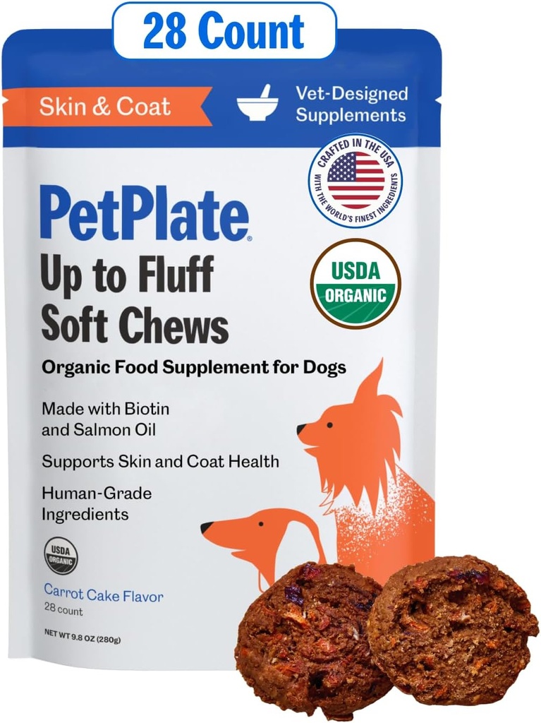 PetPlate Up to Fluff μαλακά μάσημα για σκύλους, το δέρμα και το παλτό υποστήριξης, USDA οργανικό συμπλήρωμα, χωρίς κόκκους, ανθρώπινη grade, περιλαμβάνει λάδι σολομού και βιοτίνη, Pet προμήθειες (πακέτο του 1, 9,8 ουγγιά)