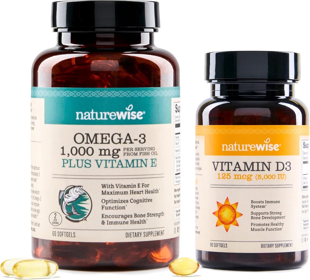NatureWise High-Potency 1000mg Ωμέγα 3 με 600mg EPA, 400mg DHA, & Βιταμίνη Ε & Βιταμίνη D3 5000iu (125 mcg) Υγιεινή λειτουργία μυών, και ανοσοποιητική υποστήριξη