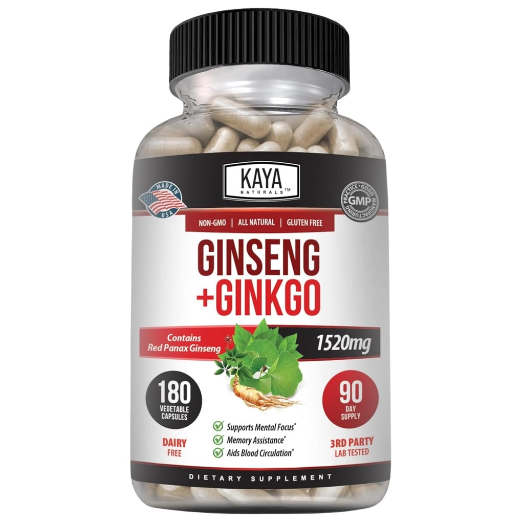 Kaya Naturals Red Panax Ginseng + Ginkgo Biloba - Nootropic Brain Supplement - Cognitive and Concentration Support - Brain Booster, Focus, and Memory Supplement - 180 Capsules