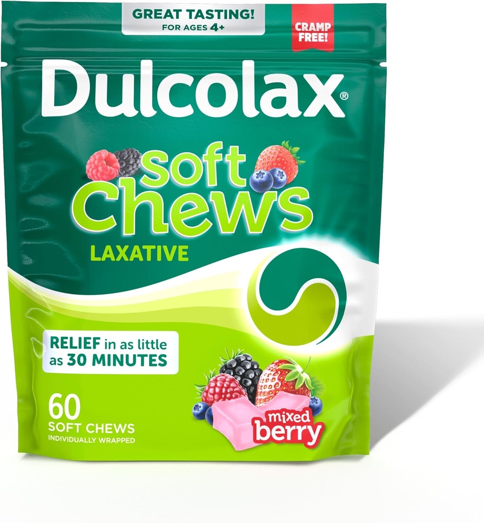 Dulcolax Saline Laxative Soft Chews, Απαλή ανακούφιση δυσκοιλιότητας, Μικτή γεύση μούρου, Υδροξείδιο μαγνησίου 1200 mg, 60 Count