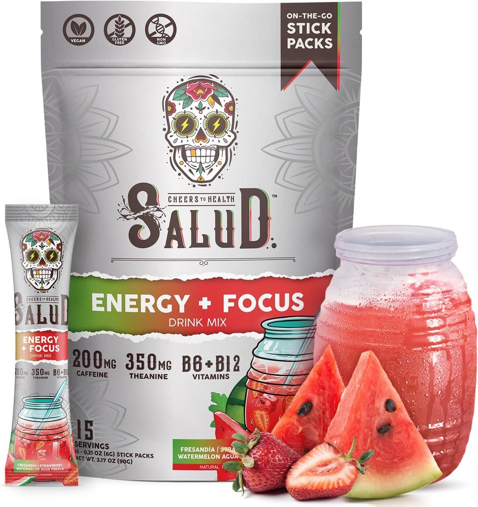 Salud 2-in-1 Energy Drink Powder + Focus, Φράουλα Καρπούζι, Βιολογική καφεΐνη, B6 + B12, Θεανίνη, Καθαρή Ενέργεια Ποτό Συσκευασία, Fresandia Agua Fresca Mix, Μη ΓΤΟ, Χωρίς γλουτένη, Vegan, 1g Ζάχαρη, (15 Σερβιέτες)