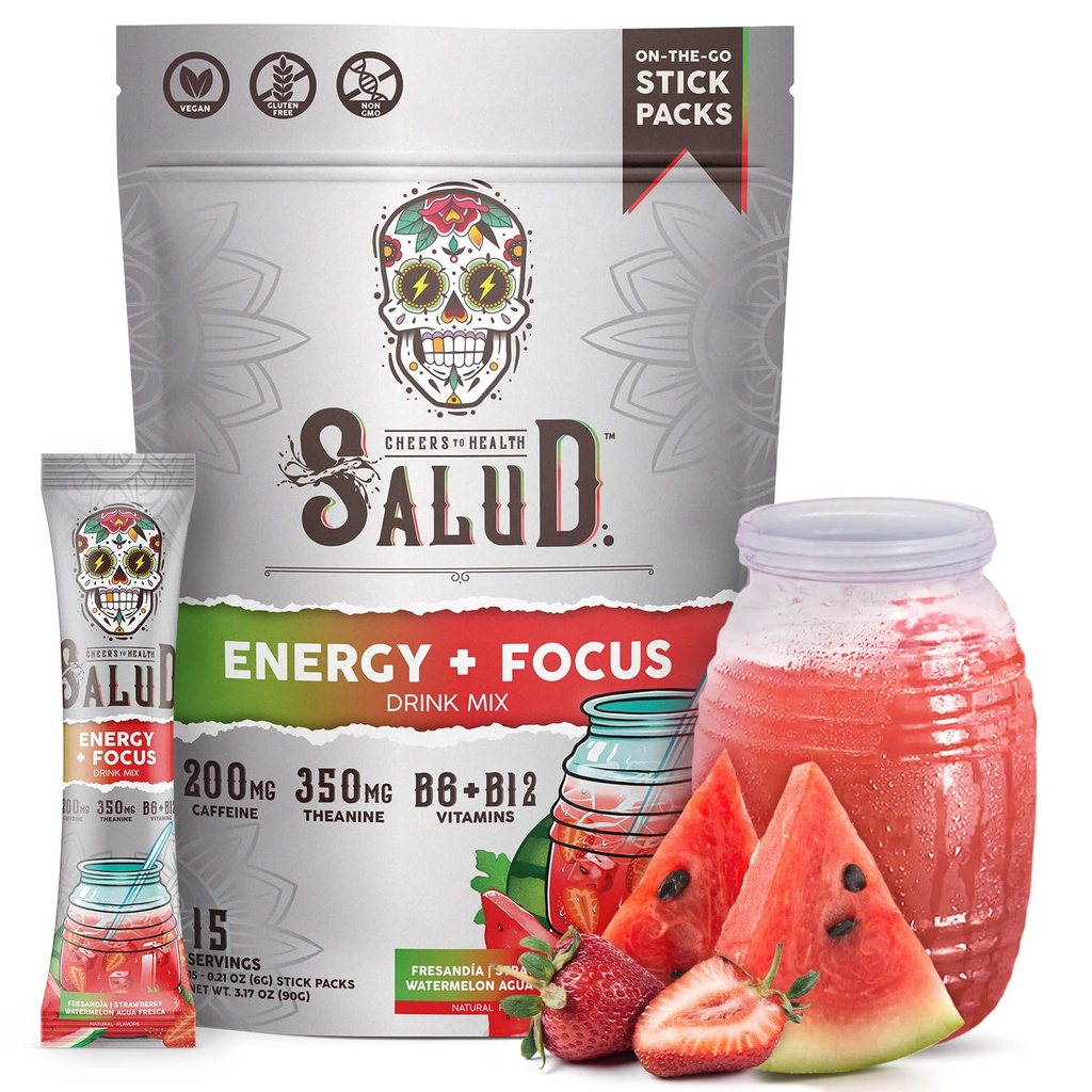 Salud 2-in-1 Energy Drink Powder + Focus, Φράουλα Καρπούζι, Βιολογική καφεΐνη, B6 + B12, Θεανίνη, Καθαρή Ενέργεια Ποτό Συσκευασία, Fresandia Agua Fresca Mix, Μη ΓΤΟ, Χωρίς γλουτένη, Vegan, 1g Ζάχαρη, (15 Σερβιέτες)