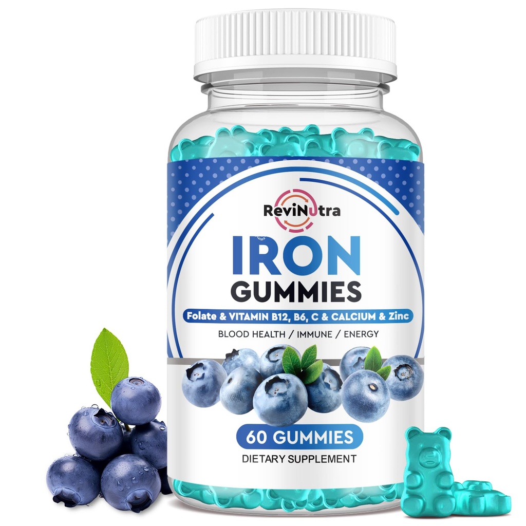 Iron Gummies - με ασβέστιο, ψευδάργυρο, φολικό & βιταμίνη Β12, C, B6 για ενήλικες & παιδιά - Blood Builder & Energy Support for Iron Deciency, Anemia, Vegan - Blueberry Flavor, 60 Gummies