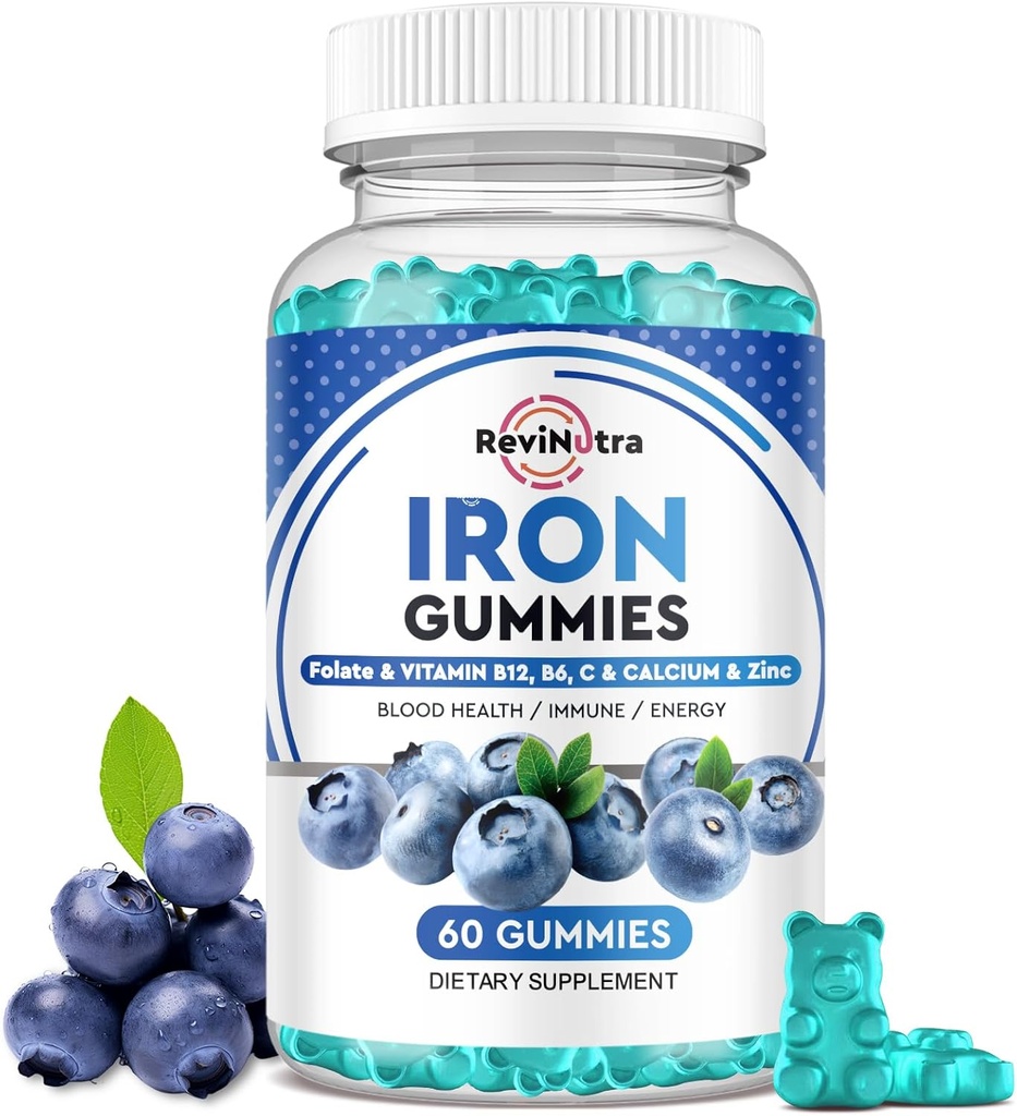 Iron Gummies - με ασβέστιο, ψευδάργυρο, φολικό & βιταμίνη Β12, C, B6 για ενήλικες & παιδιά - Blood Builder & Energy Support for Iron Deciency, Anemia, Vegan - Blueberry Flavor, 60 Gummies