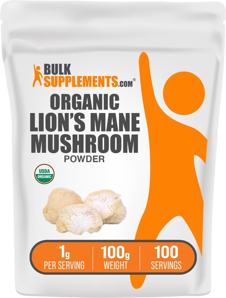 BulkSupplements.com Organic Lions Mane Mushroom Powder - Lions Mane Powder, Mushroom Supplement - Vegan & Gluten Free, 1g per Serving, 100g (3.5 oz) (Pack of 1)
