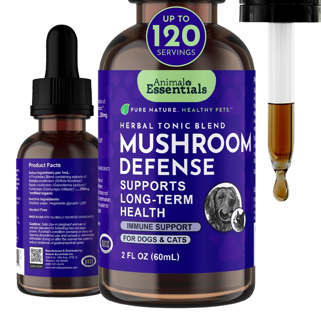 Animal Essentials Mushroom Defense - Υποστήριξη ανοσοποιητικού συστήματος για σκύλους & γάτες, Φυσικό Αντιοξειδωτικό, Μανιτάρια, για όλες τις ηλικίες, Βιολογικά Βότανα - 2 Fl Oz