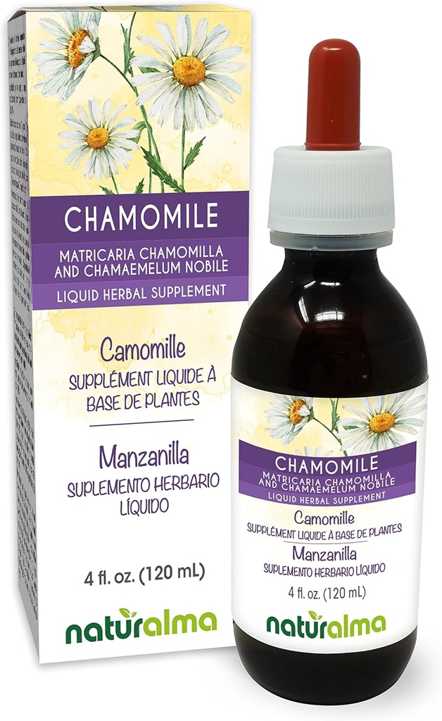 Naturalma Γερμανικό και Ρωμαϊκό Χαμομήλι (Matricaria chamomilla and Chamaemelum nobile) Λουλούδι Αλκοόλ-ελεύθερο Βάμμα - 4 fl oz Liquid Extract in Drops - φυτικό συμπλήρωμα - Vegan