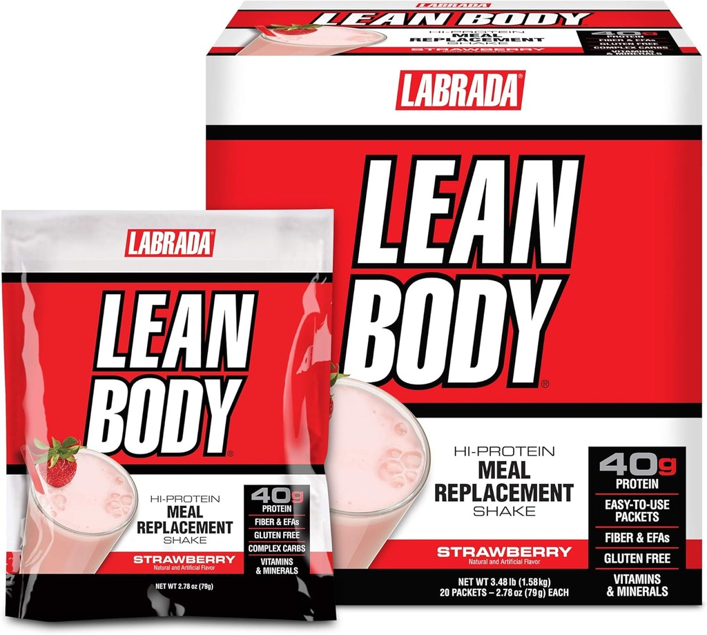 Labrada Lean Body MRP All-In-One Strawberry Meal Replacement Shake, 40g Protein, Whey Blend, 8g Healthy Fats & Fiber της EFA, 22 Βιταμίνες και Ορυκτά, Χωρίς τεχνητό χρώμα, Χωρίς Γλουτένη, (20 συσκευασίες)