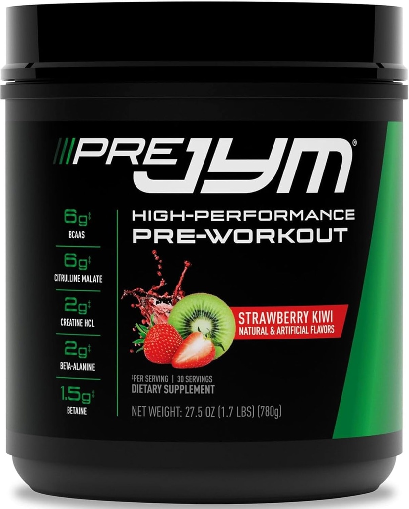 JYM Supplement Science Pre JYM Strawberry Kiwi Pre Workout Powder - BCAAs, Nootropics, Creatine HCI, Citrulline, Beta-Alanine, Betaine, Taurine, Huperzine 30 Servings