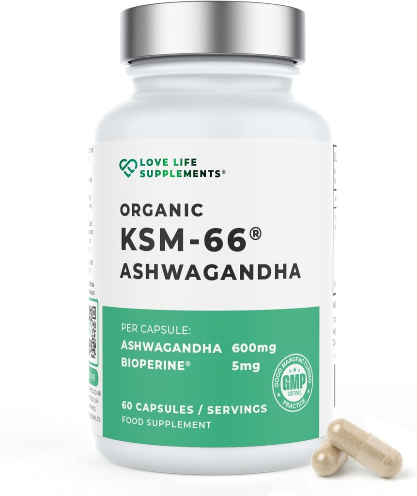 Συμπληρώματα Ζωής Αγάπης Βιολογικό Ashwagandha KSM-66®, 2 Μήνες Προσφορά - 60 Κάψουλες, Υψηλής Αντοχής 600mg ανά Κάψουλα, 5% Withanolides, Bioperine® για Αυξημένη Απορρόφηση, Μηδενικά Γέμισμα, Εργαστήρι Δοκιμασμένο