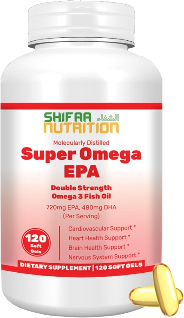 SHIFAA NUTRITION Halal Fish Oil Softgels 120 Ct, διπλή δύναμη - Halal Omega 3 Fish Oil Συμπληρώματα. Αγριόγατα, μη ΓΤΟ και καθαρισμένα