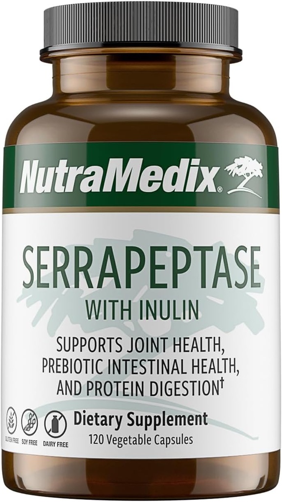 NutraMedix Serrapeptase συμπλήρωμα με πρωτεολυτικά διεγερτικά ένζυμα για γυναίκες & άνδρες - Inulin Prebiotic Fiber για την υγεία των ούρων & κοινή υποστήριξη - Γαλακτοκομικά, σόγια & χωρίς γλουτένη (120 κάψουλες)