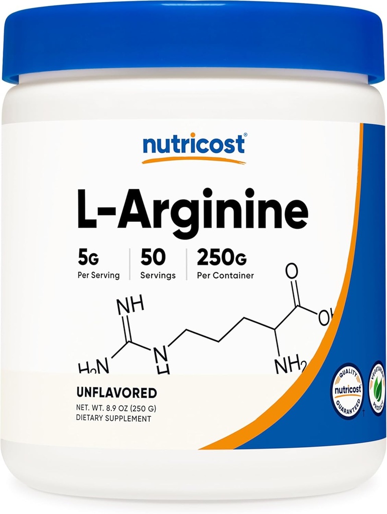 Nutricost L-Arginine (250 Grams) - Pure L-Arginine Powder - 5000mg Per Serving; 50 Servings