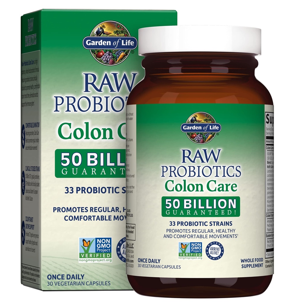 Garden of Life Raw Probiotics Colon Care - 50 Billion Live Cultures - Dietary Supplement to Support Regular, Comfortable Movements - 30 Vegetarian Capsules