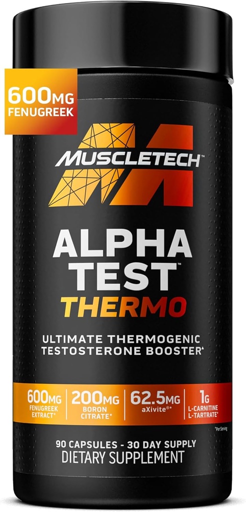MuscleTech Θερμογόνο Booster τεστοστερόνης για άνδρες, AlphaTest Thermo - T-Boost Mens συμπλήρωμα με Tribulus Terrestris - Ανδρικό γυμναστήριο συμπληρώματα προπόνησης για την ανάπτυξη των μυών, Stamina & Energy - 90 χάπια