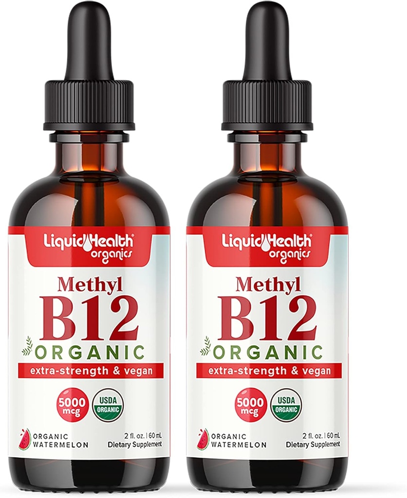 LIQUIDHEALTH USDA Organic Methyl Vitamin B12 Methylcobalamin Liquid Drops with Tart Cherry Juice - Boost Energy, Immune Support, Improve Memory & Concentration - USA Made, Vegan, Non-GMO (2 Pack)