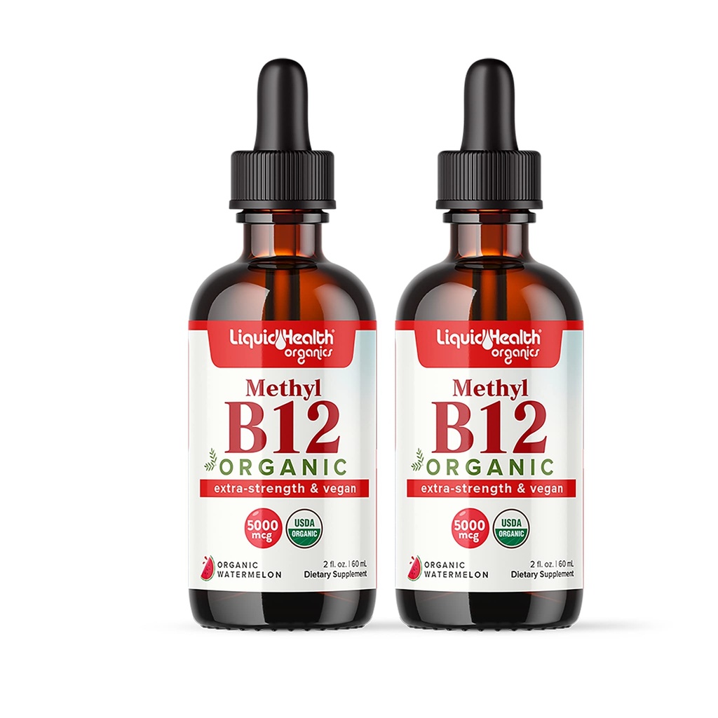 LIQUIDHEALTH USDA Organic Methyl Vitamin B12 Methylcobalamin Liquid Drops with Tart Cherry Juice - Boost Energy, Immune Support, Improve Memory & Concentration - USA Made, Vegan, Non-GMO (2 Pack)