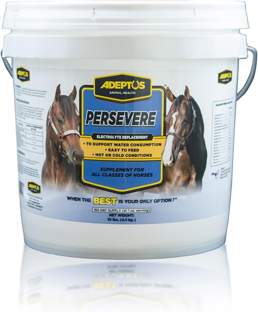 Adeptus Διατροφή Persevere Electrolyte συμπλήρωμα για όλες τις κατηγορίες των αλόγων, Υποστηρίζει την ενυδάτωση, Ισορροπημένη Φόρμουλα για την αντικατάσταση ιδρώτα, Προβιοτική Yeast Base, Easy-Feed Powder, 10 Lbs