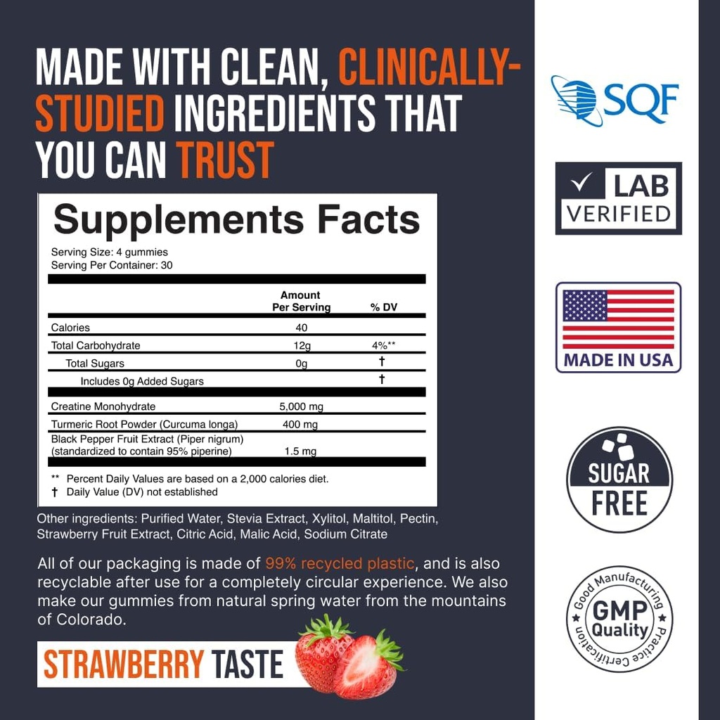 EcoWise Wellness Creatine Monohydrate Gummies 5000 mg, Μασώμενα για άνδρες και γυναίκες, Χωρίς ζάχαρη Gummies - 121 Count, Φρέσκα Φράουλα