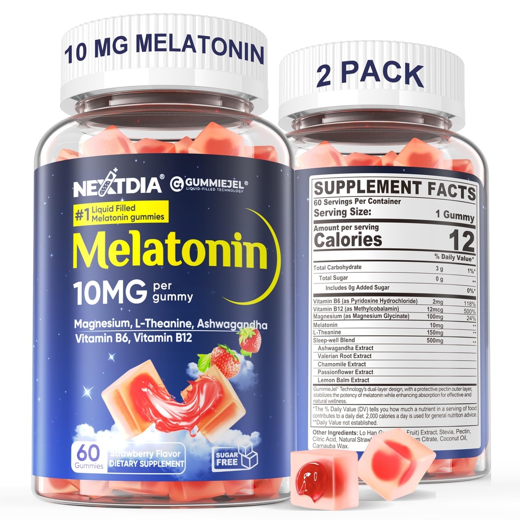 2 Pack Sugar Free Melatonin Gummies 10mg 20mg Magnesium Glycinate Melatonin for Adults, Ashwagandha, L-Theanine, B6, B12, Lemon Balm and Chamomile for Deep Relaxation, Antioxidant, Vegan,120 Day