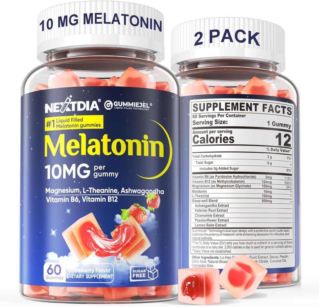 2 Pack Sugar Free Melatonin Gummies 10mg 20mg Magnesium Glycinate Melatonin for Adults, Ashwagandha, L-Theanine, B6, B12, Lemon Balm and Chamomile for Deep Relaxation, Antioxidant, Vegan,120 Day