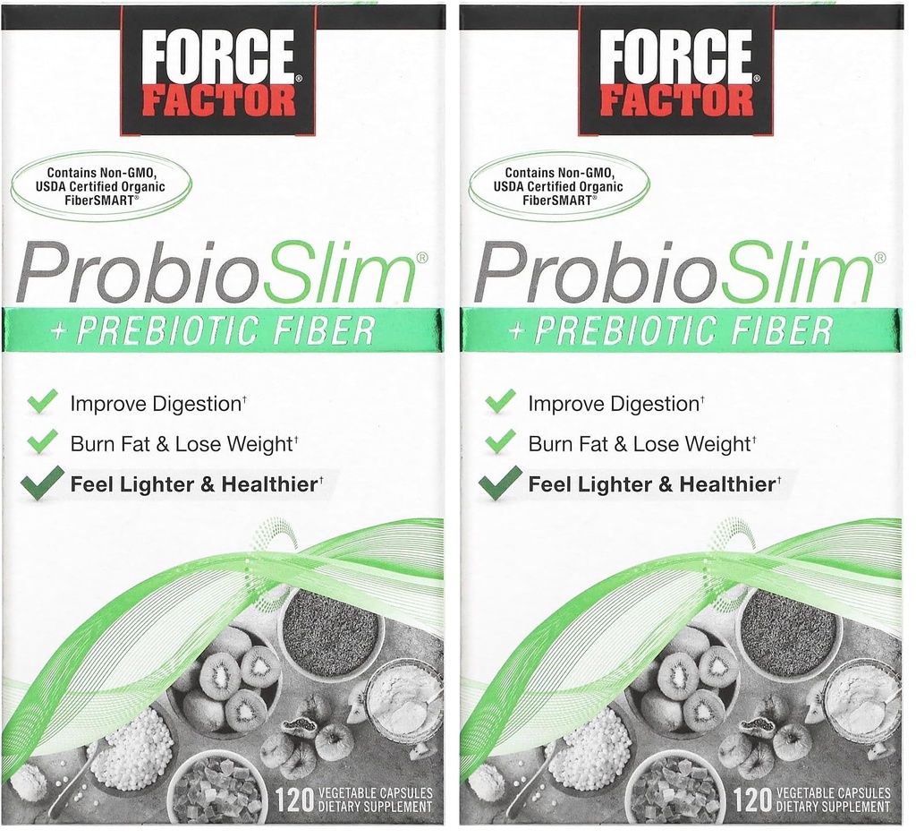 Force Factor ProbioSlim + Prebiotic Fiber Weight Loss Supplement για γυναίκες και άνδρες, Probiotic και Prebiotic Digestive Health Support with Green Tea Extract and Psyllium Husk Fiber, 120 κάψουλες