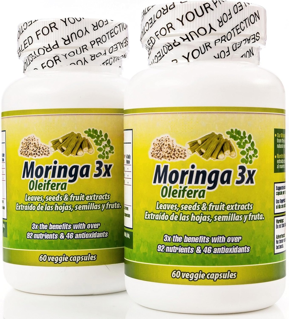 Moringa en Capsulas naturales. Set de 2 frascos. Triple accion, extraida de la planta, fruta y semillas.Alto contenido de proteinas, vitaminas y minerales