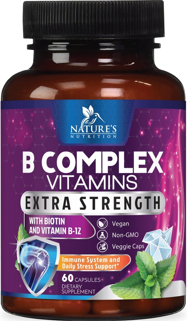 B Complex Βιταμίνες Κάψουλες - με Βιταμίνη Β12 Β6 Β100 C Βιοτίνη Folate & Follic Acid - Συμπλήρωμα για την υποστήριξη της καρδιάς, του εγκεφάλου και των νεύρων - Super Complex για την υποστήριξη του ανοσοποιητικού και της ενέργειας - 60 κάψουλες