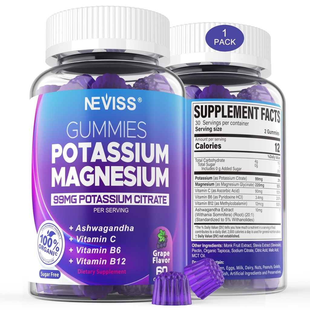 Κάλιο Μαγνήσιο Gummies - Συμπληρώματα καλίου w/Ashwagandha 200mg, Μαγνήσιο Γλυκινικό,B6,B12,P-otassium Κιτρικό για τα πόδια Cramps,Muscle,Electroyte για ενήλικες παιδιά,Ζάχαρο-ελεύθερο,1Pack