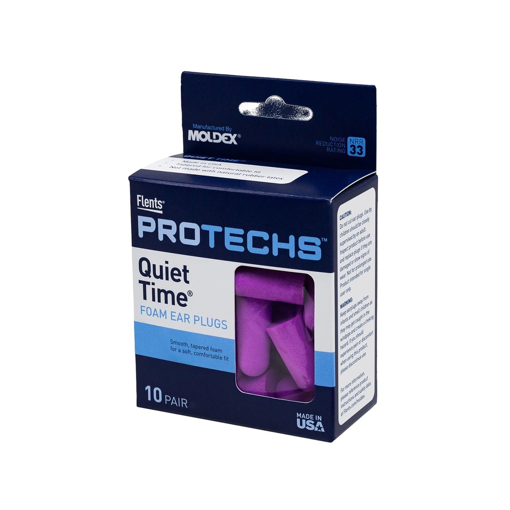 Flents Protechs Quiet Time Foam Ear Plugs, NRR 33, 10 Pair, Purple | Reusable Foam Ear Plugs for Sleeping, Snoring, Loud Noise, Traveling, Concerts, Construction, Studying, Work & Shooting