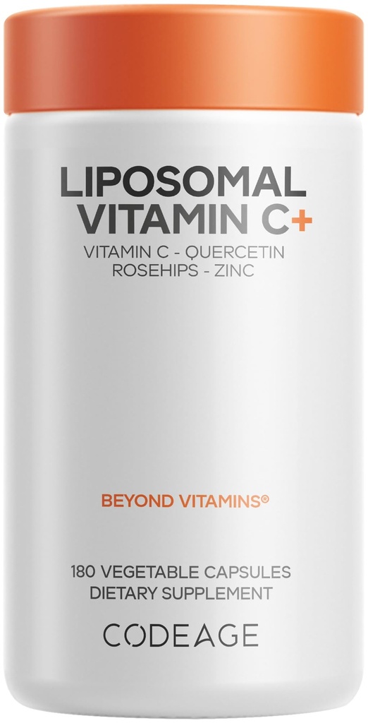 Codeage Liposomal Vitamin C 1500mg με ψευδάργυρο, Elderberry, Citrus Bioflavonoids Grapefruit, Lemon, Orange Powder, Quercetin & Rose HIPS Fruit – Vegan Supplement - Μη ΓΤΟ, Vegan Pills, 180 Capsules