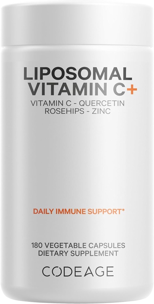 Codeage Liposomal Vitamin C 1500mg με ψευδάργυρο, Elderberry, Citrus Bioflavonoids Grapefruit, Lemon, Orange Powder, Quercetin & Rose HIPS Fruit – Vegan Supplement - Μη ΓΤΟ, Vegan Pills, 180 Capsules