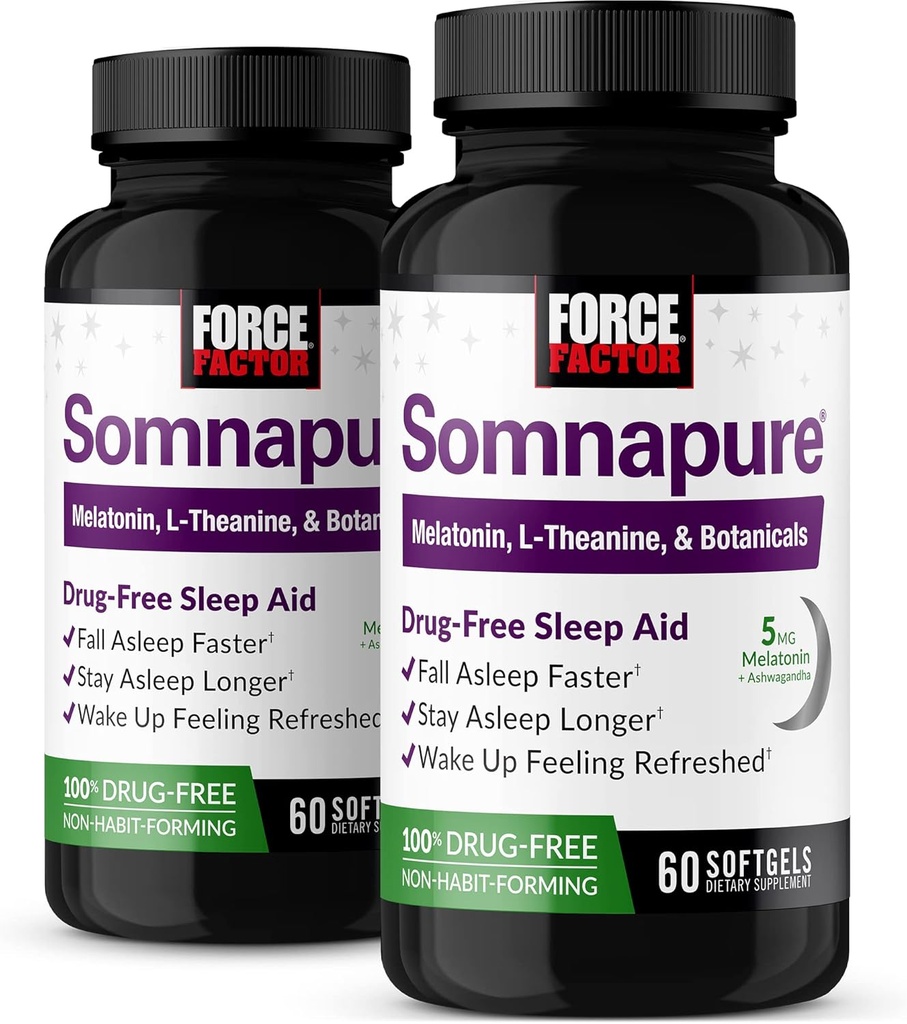 FORCE FACTOR Somnapure Softgels 2-Pack Sleep Aid to Fall Asleep Γρηγορότερα, Μείνετε Asleep Longer, Up Refreshed, Sleep Aid for Adults with Melatonin, Ashwagandha, Valerian Root, 120 Softgels